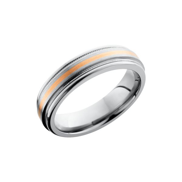 Titanium 6mm flat band with rounded edges and an inlay of 14K rose gold with reverse milgrain detail on either side Toner Jewelers Overland Park, KS