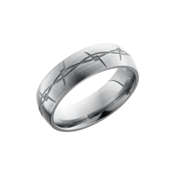 Titanium 7mm domed band with a laser-carved barbed wire pattern Toner Jewelers Overland Park, KS