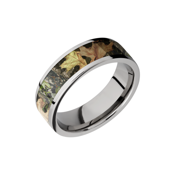 Titanium 7mm flat band with a 5mm inlay of Mossy Oak Obsession Camo Toner Jewelers Overland Park, KS