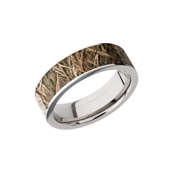 Titanium 7mm flat band with a 6mm inlay of Mossy Oak SG Blades Camo Toner Jewelers Overland Park, KS