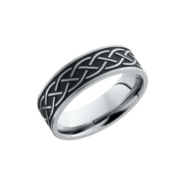 Titanium 7mm flat band with a laser-carved celtic pattern with Cerakote in the pattern recesses Cozzi Jewelers Newtown Square, PA