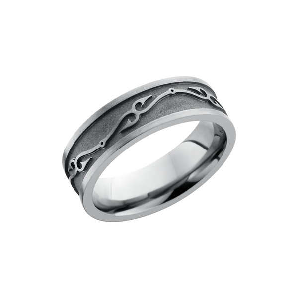 Titanium 7mm flat band with a laser-carved fishhook pattern Cozzi Jewelers Newtown Square, PA