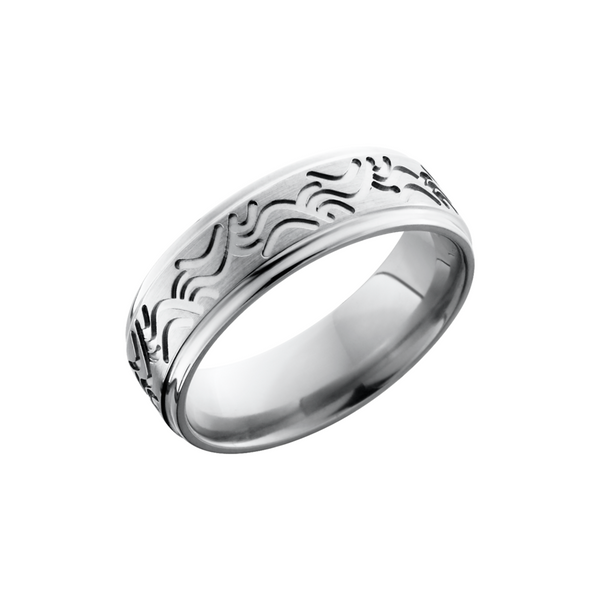 Titanium 7mm flat band with grooved edges and a laser-carved wave pattern Toner Jewelers Overland Park, KS