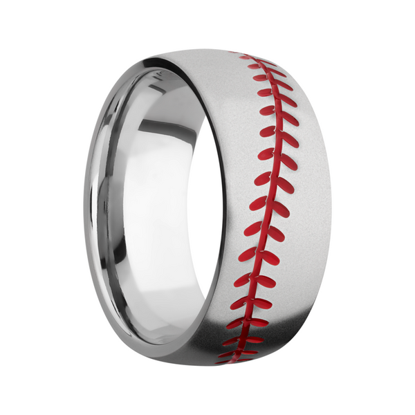 Titanium 8mm domed band with a laser-carved baseball stitching pattern and Cerakote in the pattern recesses Image 2 Quality Gem LLC Bethel, CT