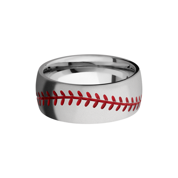 Titanium 8mm domed band with a laser-carved baseball stitching pattern and Cerakote in the pattern recesses Image 3 Toner Jewelers Overland Park, KS