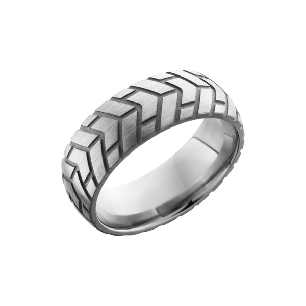 Titanium 8mm domed band with a laser-carved cycle pattern Toner Jewelers Overland Park, KS