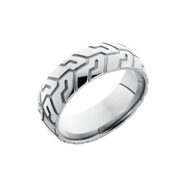 Titanium 8mm domed band with a laser-carved cycle pattern Quality Gem LLC Bethel, CT