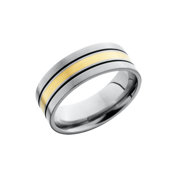 Titanium 8mm flat band with an inlay of 14K yellow gold and Cerakote filled grooves on either side Toner Jewelers Overland Park, KS