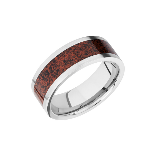 Titanium 8mm flat band with a mosaic inlay of red dinosaur bone Cozzi Jewelers Newtown Square, PA