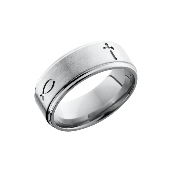Titanium 8mm flat band with grooved edges and a laser-carved cross pattern Toner Jewelers Overland Park, KS