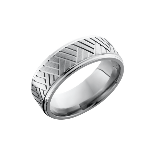 Titanium 8mm flat band with a laser-carved basket weave pattern Cozzi Jewelers Newtown Square, PA