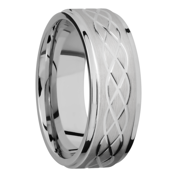 Titanium 8mm flat band with grooved edges and a laser-carved celtic pattern Image 2 Cozzi Jewelers Newtown Square, PA