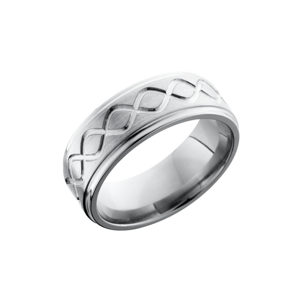 Titanium 8mm flat band with grooved edges and a laser-carved tall infinity pattern Toner Jewelers Overland Park, KS