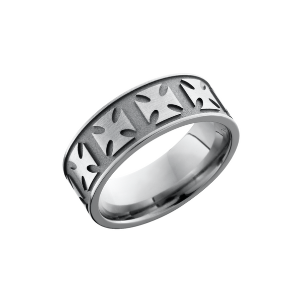 Titanium 8mm flat band with grooved edges and a laser-carved maltese pattern Toner Jewelers Overland Park, KS