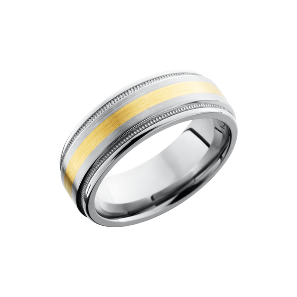 Titanium 8mm flat band with rounded edges and an  inlay of 14K yellow gold Toner Jewelers Overland Park, KS