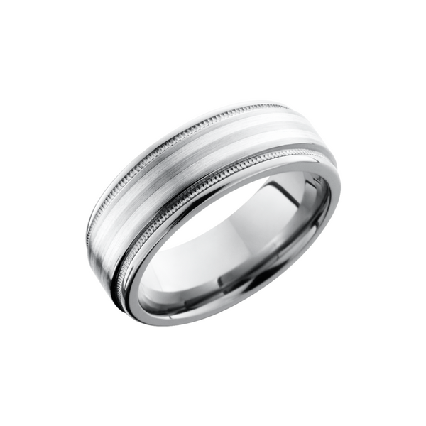 Titanium 8mm flat band with rounded edges and 2, 1mm inlays of sterling silver Cozzi Jewelers Newtown Square, PA