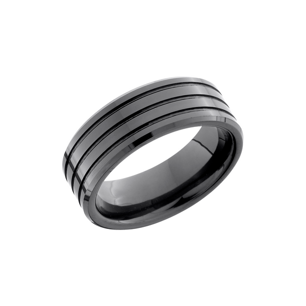 Black Ceramic 8mm flat band with beveled edges and 3, 1mm grooves Cozzi Jewelers Newtown Square, PA