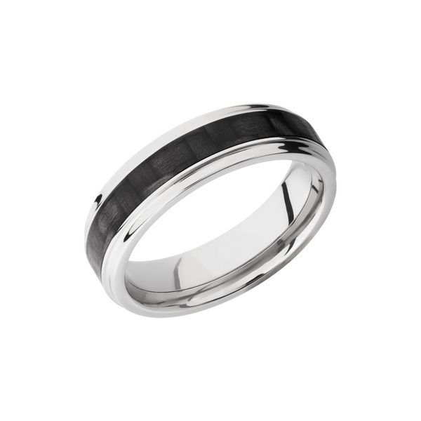 Titanium 6mm flat band with grooved edges and a 3mm inlay of black Carbon Fiber Toner Jewelers Overland Park, KS