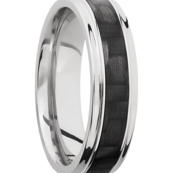Titanium 6mm flat band with grooved edges and a 3mm inlay of black Carbon Fiber Image 2 Toner Jewelers Overland Park, KS