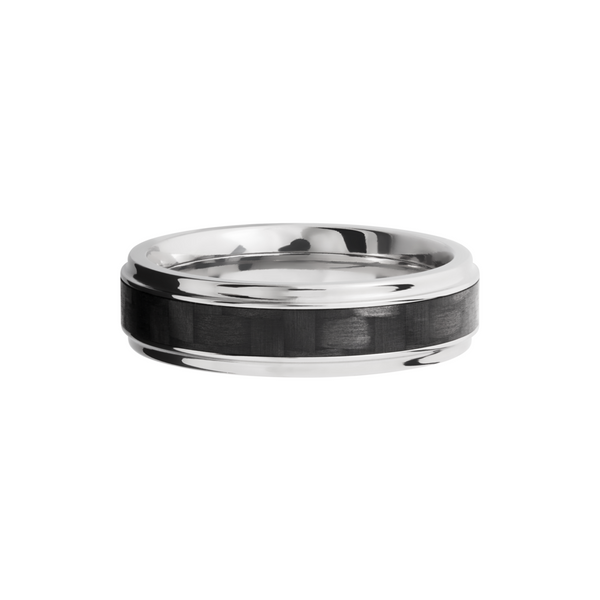 Titanium 6mm flat band with grooved edges and a 3mm inlay of black Carbon Fiber Image 3 Toner Jewelers Overland Park, KS