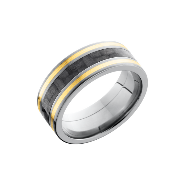 Titanium 8mm flat band with a 3mm inlay of black Carbon Fiber and 2, 1mm inlays of 14K Yellow Gold on either side Cozzi Jewelers Newtown Square, PA