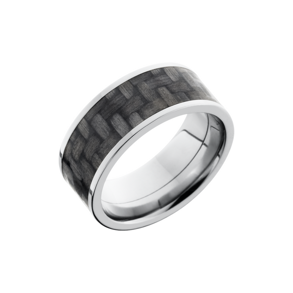 Titanium 9mm flat band with a 7mm inlay of black Carbon Fiber Cozzi Jewelers Newtown Square, PA