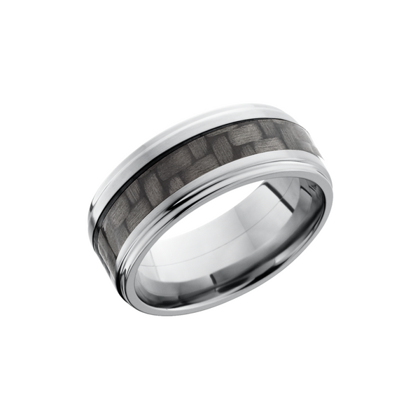 Titanium 9mm flat band with grooved edges and a 4mm inlay of black Carbon Fiber Quality Gem LLC Bethel, CT