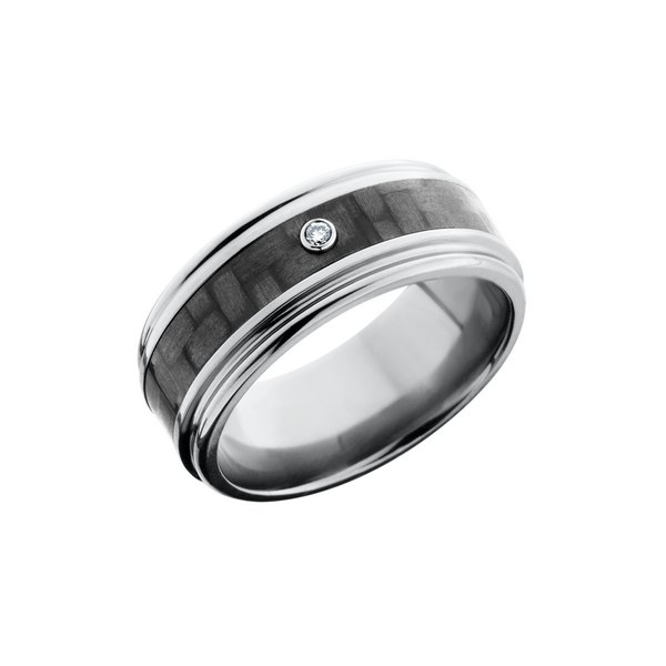Titanium 9mm flat band with rounded edges and a 4mm inlay of black Carbon Fiber with a bezel-set white diamond accent Toner Jewelers Overland Park, KS