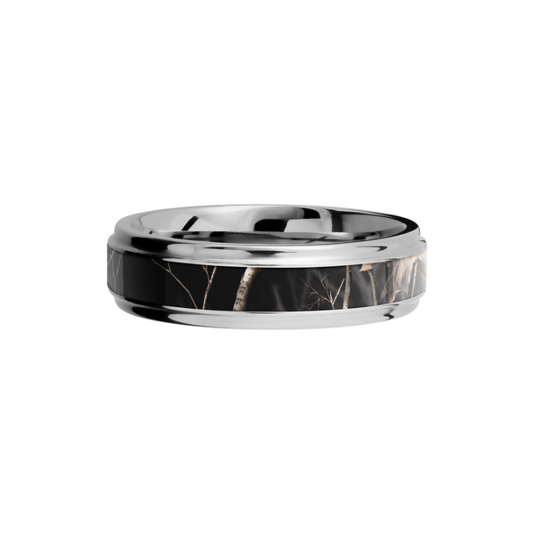 Cobalt chrome 6mm flat band with grooved edges and a 3mm inlay of Realtree APC Black Camo Image 3 Quality Gem LLC Bethel, CT