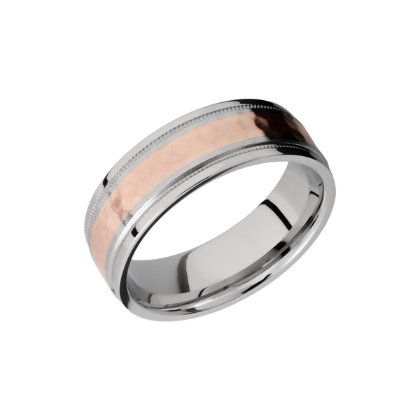 Cobalt chrome 7.5mm flat band with grooved edges and reverse milgrain detail and inlay of 14K rose gold Toner Jewelers Overland Park, KS