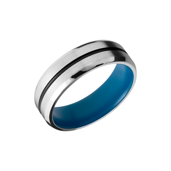 Cobalt chrome 7mm beveled band with 1, 1mm groove filled with black Cerakote and a sky blue Cerakote sleeve Cozzi Jewelers Newtown Square, PA
