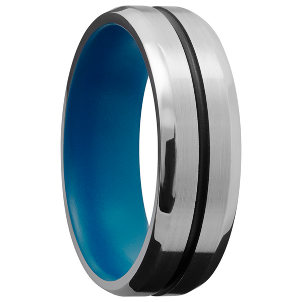 Cobalt chrome 7mm beveled band with 1, 1mm groove filled with black Cerakote and a sky blue Cerakote sleeve Image 2 Toner Jewelers Overland Park, KS