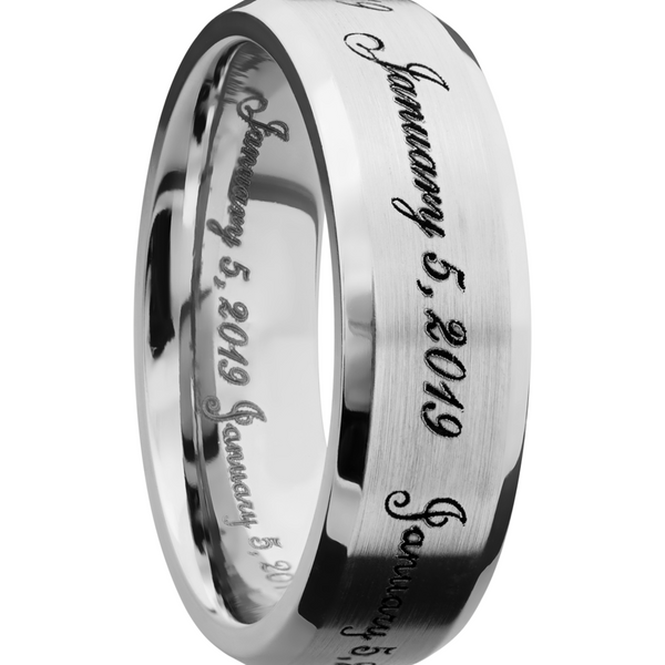 Cobalt chrome 7mm beveled band with laser-carved fonts Image 2 Cozzi Jewelers Newtown Square, PA