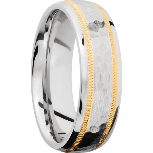 Cobalt chrome 7mm domed band with an two inlays of 14K yellow gold in milgrain Image 2 Toner Jewelers Overland Park, KS