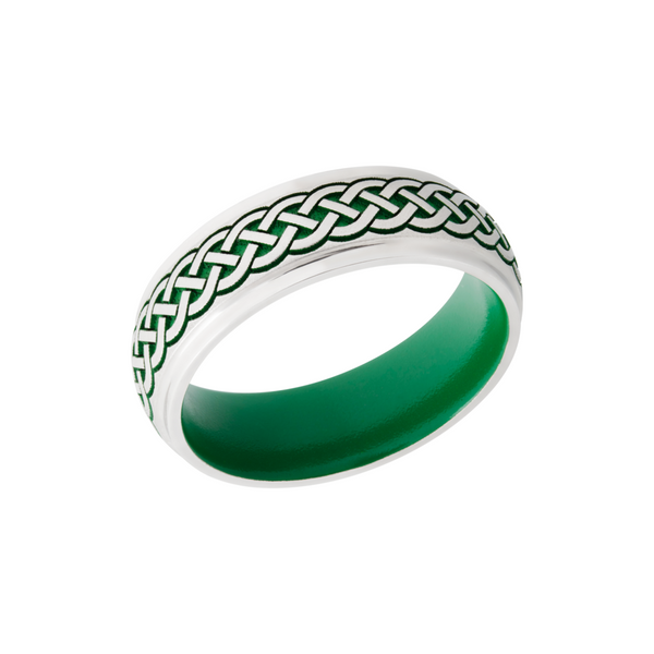 Cobalt chrome 7mm domed band with grooved edges a laser-carved Celtic pattern featuring Cerakote Cozzi Jewelers Newtown Square, PA