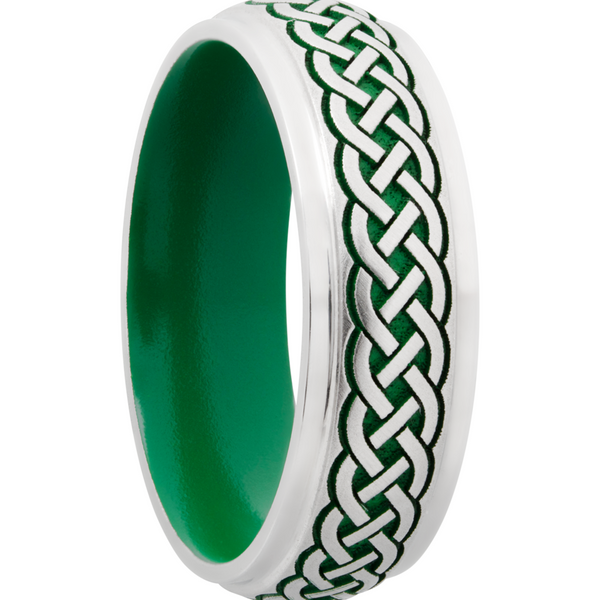 Cobalt chrome 7mm domed band with grooved edges a laser-carved Celtic pattern featuring Cerakote Image 2 Cozzi Jewelers Newtown Square, PA