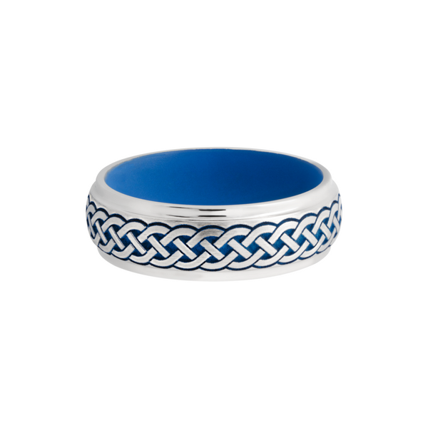 Cobalt chrome 7mm domed band with grooved edges a laser-carved Celtic pattern featuring Royal Blue Cerakote Image 3 Toner Jewelers Overland Park, KS