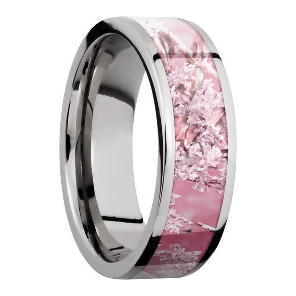 Cobalt chrome 7mm flat band with a 5mm inlay of King's Pink Camo Image 2 Quality Gem LLC Bethel, CT