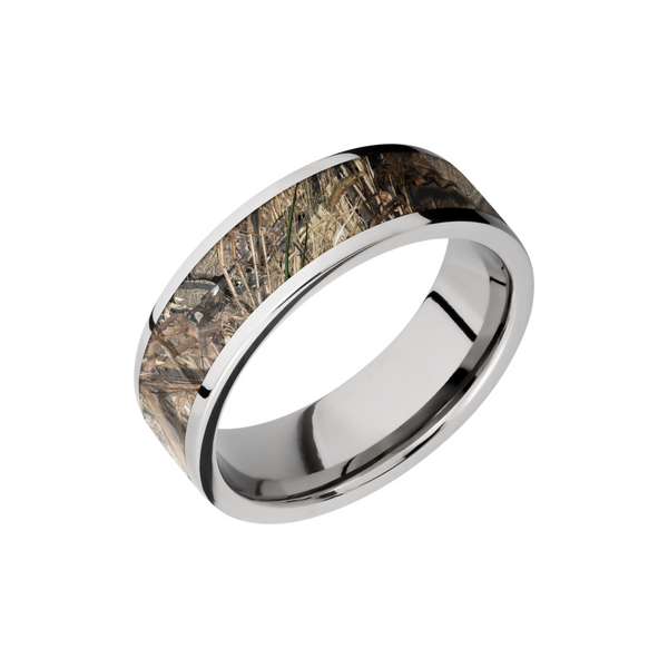 Cobalt chrome 7mm flat band with a 5mm inlay of Mossy Oak Duck Blind Camo Toner Jewelers Overland Park, KS