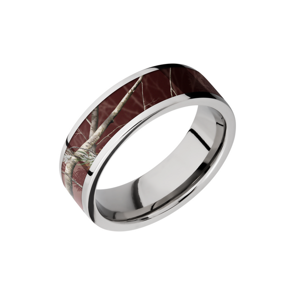 Cobalt chrome 7mm flat band with a 5mm inlay of Realtree APC Maroon Camo Toner Jewelers Overland Park, KS
