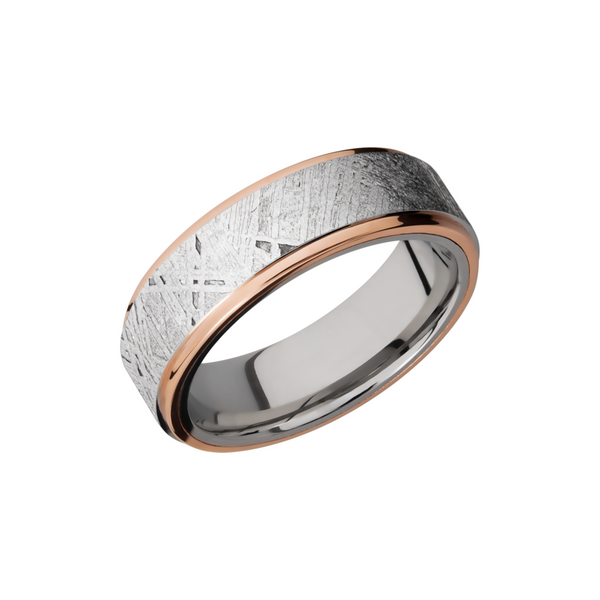 Cobalt chrome 7mm flat band with an inlay of authentic Gibeon Meteorite and 14K rose gold edges Toner Jewelers Overland Park, KS