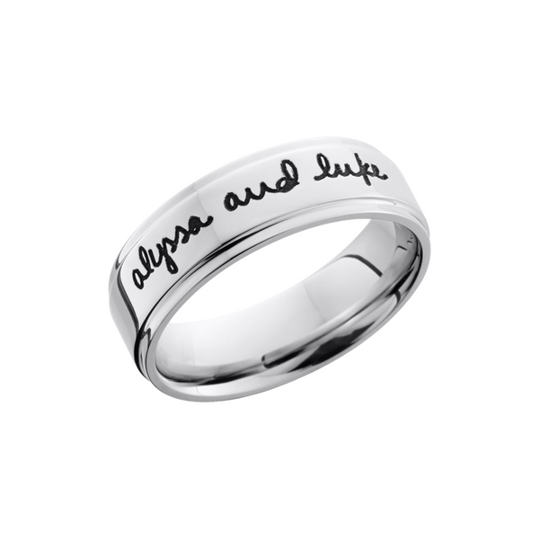 Cobalt chrome 7mm flat band with grooved edges and a laser-carved handwritten message Cozzi Jewelers Newtown Square, PA