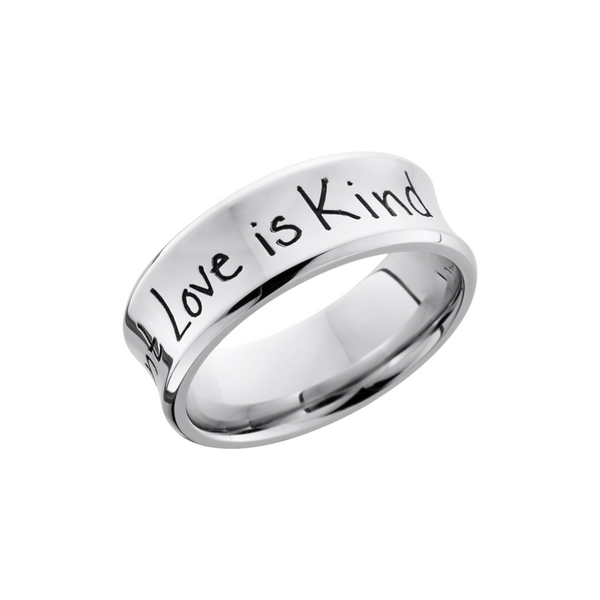 Cobalt chrome 8mm concave band with beveled edges and a laser-carved handwritten message Toner Jewelers Overland Park, KS