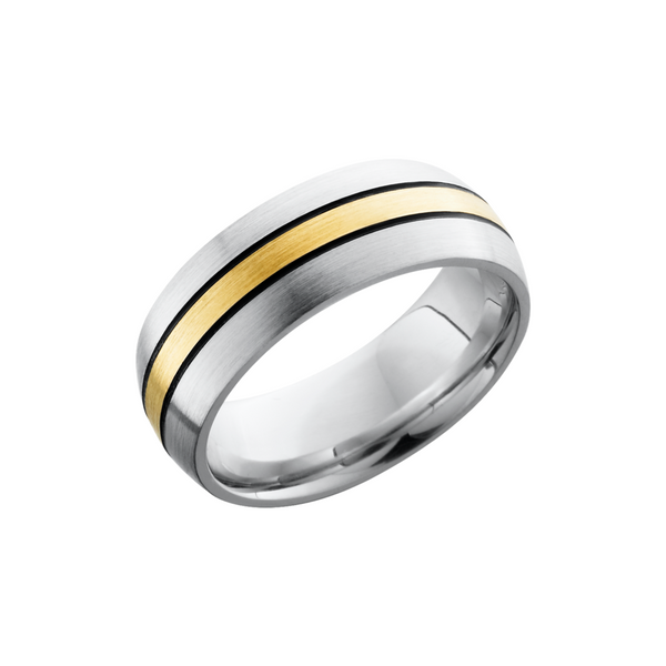 Cobalt chrome 8mm domed band with a 2mm inlay of 14K yellow gold and antiquing on either side Toner Jewelers Overland Park, KS