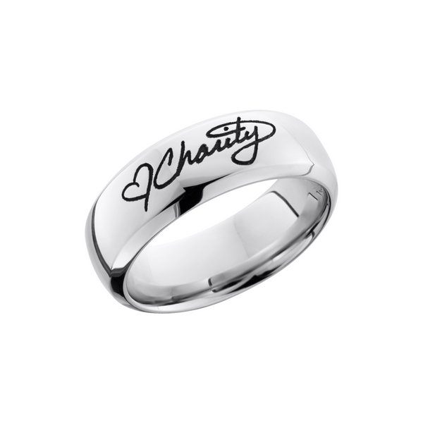 Cobalt chrome 8mm domed band with a laser-carved handwritten message Cozzi Jewelers Newtown Square, PA