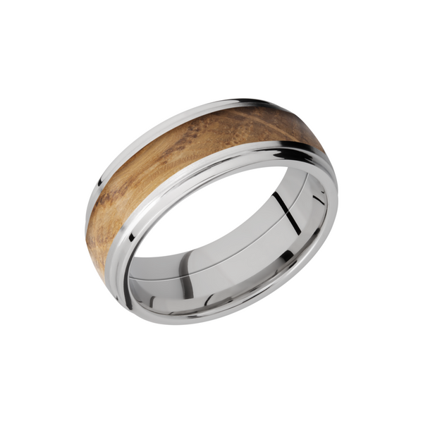 Cobalt chrome 8mm domed band with grooved edges and an inlay of Whiskey Barrel hardwood Toner Jewelers Overland Park, KS