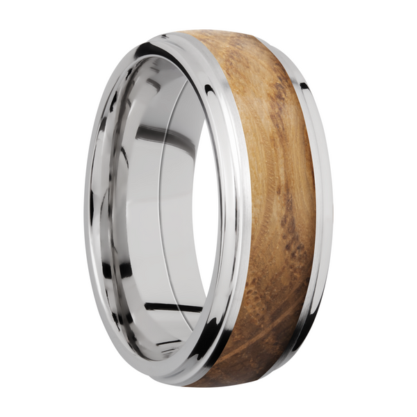 Cobalt chrome 8mm domed band with grooved edges and an inlay of Whiskey Barrel hardwood Image 2 Toner Jewelers Overland Park, KS