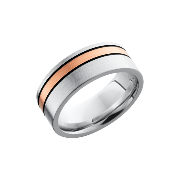 Cobalt chrome 8mm flat band with 1, 2mm off-center inlay of 14K rose gold and antiquing on either side Toner Jewelers Overland Park, KS