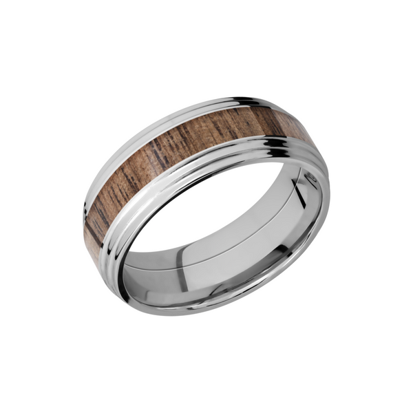 Cobalt chrome 8mm flat band with two stepped edges and an inlay of Walnut hardwood Cozzi Jewelers Newtown Square, PA