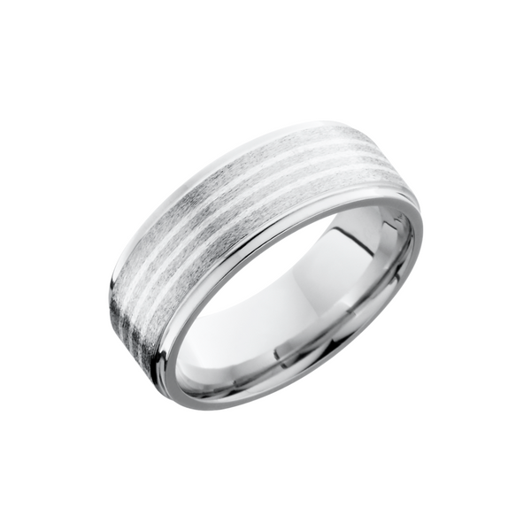 Cobalt chrome 8mm flat band with grooved edges featuring 3, .5mm inlays of sterling silver Toner Jewelers Overland Park, KS